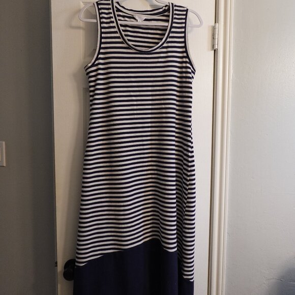 Nautical Blue and White Striped Sleeveless Dress Midi High Low Hem Size M - Picture 1 of 4